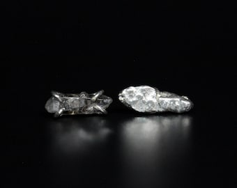 Asymmetrical Mismatched Salt And Pepper Raw Herkimer Diamond Sterling Silver Post Stud Earrings | Studs Posts Minimalist | Gugma Jewelry
