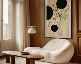 Könnte beinhalten: Ein weißes, flauschiges, geschwungenes Sofa mit einem Holz-Couchtisch davor. Ein schwarz-weißes abstraktes Gemälde hängt an der Wand hinter dem Sofa. Der Raum hat einen Holzboden und ein großes Fenster mit weißen Vorhängen.
