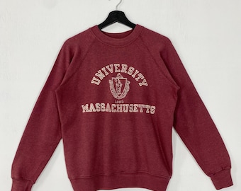 Vintage 70s University Massachusetts Sweatshirt Crewneck Pullover UMass Minutemen Print Logo Red Small