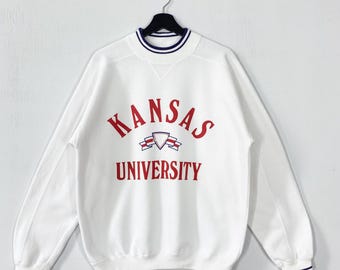 Vintage 90s University Kansas Sweatshirt Crewneck Pullover Kansas Jayhawks Print Logo White Medium
