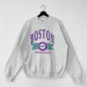 Felpa vintage Boston anni &#39;90 con scollo a V, Boston City, Massachusetts, maglione, pullover, Boston Massachusetts, logo stampato, grigio, taglia grande