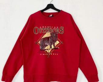 Vintage Outdoor Outfitters Wolf Sweatshirt Crewneck Pullover Wildlife Dog Eagle Bear Ducks Unlimited Print Logo Red Large