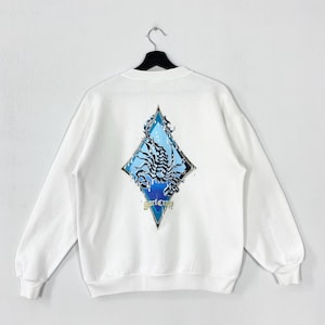 Vintage 90s Surf Crazy Sweatshirt Crewneck Sea World Sweater Pullover Scorpion Hawaii Print Logo White Small