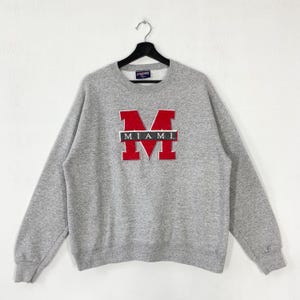 Vintage 90s Miami University Sweatshirt Crewneck Pullover Miami RedHawks Embroidered Logo Grey Medium