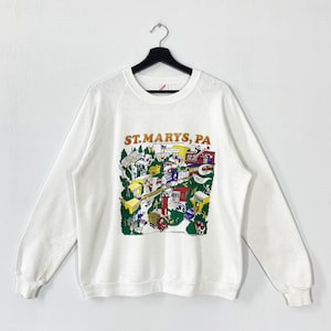 Sudadera vintage de los años 80 de St Marys, jersey de cuello redondo del parque estatal de Saint Marys, estampado de River Lake Village, logotipo blanco mediano