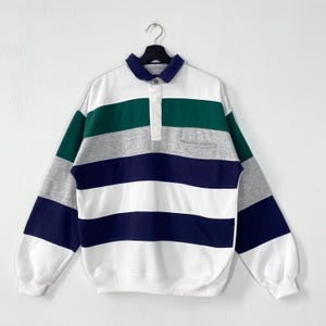 Vintage 90s Van Heusen Sweatshirt Van Heusen Crewneck Van Heusen Casual Sweater Pullover Van Heusen Stripe Button Print Logo Blue Large