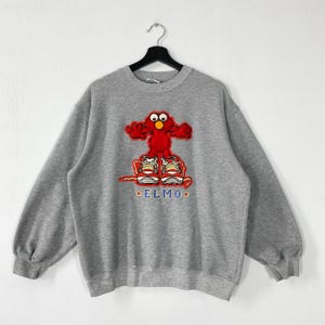 Sudadera vintage de los años 90 de Barrio Sésamo, Elmo, cuello redondo, suéter de Elmo de Barrio Sésamo, Big Bird, Monstruo de las Galletas, Elmo, logotipo bordado grande