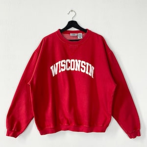 Vintage 90s University Wisconsin Sweatshirt Wisconsin Crewneck Wisconsin Sweater Pullover Wisconsin Badgers Print Logo Red XLarge