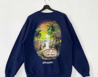 Vintage Ron Jon Surf Shop Sweatshirt Crewneck Pullover Surfing Surfboard Sportswear Ron Jon Orlando Print Logo Blue Large