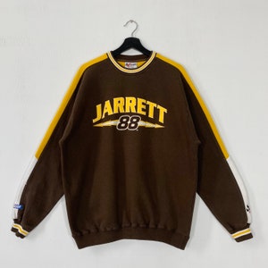 Bluza z kapturem Dale Arnold Jarrett z lat 90. z okrągłym dekoltem i haftowanym logo Jeffa Gordona w kolorze brązowym, duża, z amerykańskim kierowcą NASCAR