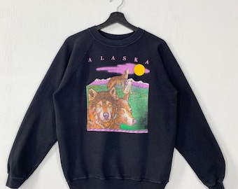 Vintage 90s Timber Wolf Sweatshirt Wolf Crewneck Alaska National Park Sweater Pullover Eagle Deer Bear Wolf Howling Print Logo Black Medium