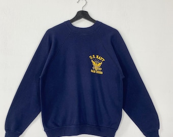Vintage 80s United States Navy Sweatshirt Crewneck US Navy Sweater Pullover Naval Academy Annapolis Military Print Logo Blue Small