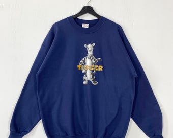 Vintage Tigger Sweatshirt Crewneck Pullover Eeyore Pooh Piglet Kanga Rabbit Print Logo Blue XLarge