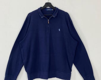 vintage Sweat-shirt Polo Ralph Lauren à demi-fermeture éclair Pull Polo Ralph Lauren avec logo brodé Bleu Très grand