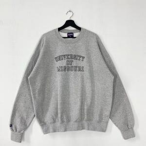 Vintage 90er Jahre Universität Missouri Sweatshirt Rundhalsausschnitt Missouri Pullover Pullover Missouri Tigers Gesticktes Logo Grau XLarge