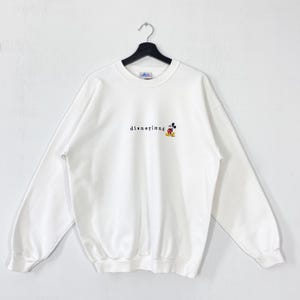 Vintage Mickey Mouse Sweatshirt Mickey Crewneck Disney Goofy Pluto Sweater Pullover Donald Duck Minnie Mouse Embroidered Logo White Large