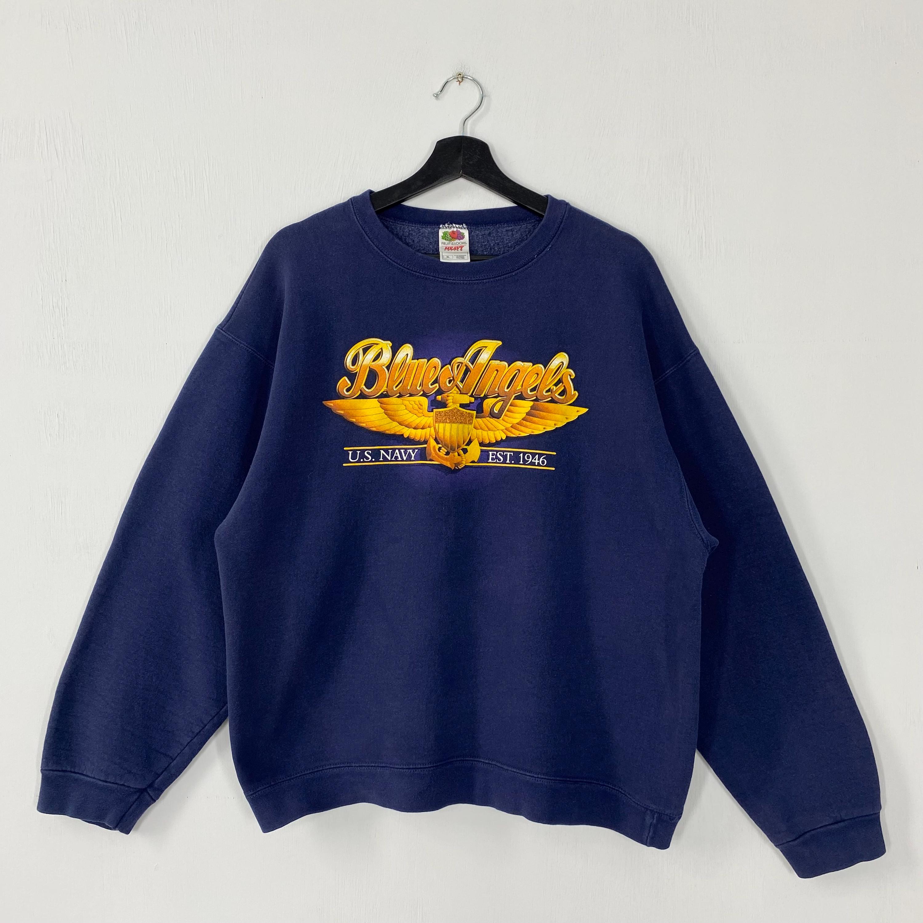 Vintage United States Navy Sweatshirt US Navy Crewneck Blue Angels Sweater Pullover Naval Academy Annapolis Military Print Logo Blue Large