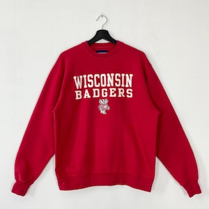 Vintage University Wisconsin Sweatshirt Wisconsin Crewneck Wisconsin Sweater Pullover Wisconsin Badgers Patch Logo Red Medium