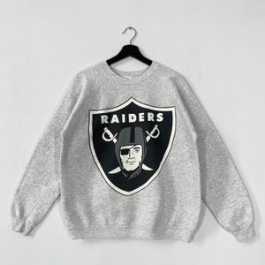 Sudadera vintage de los Raiders de Las Vegas de los años 90, cuello redondo, jersey de los Raiders, ropa deportiva de la NFL, logotipo estampado de los Raiders, gris, talla mediana.