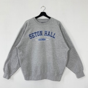 May include: A heather gray Seton Hall University Alumni sweatshirt. The crew neck sweatshirt features the words "Seton Hall University" in blue arched lettering above "ALUMNI Est. 1856" in a smaller font. The sweatshirt is hanging on a black hanger.