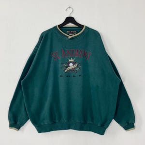 Sweat-shirt de golf vintage des années 90 Pull ras du cou de golf St Andrews Pull Harvey Penick Golf Club Art de golf Logo brodé vert XXL