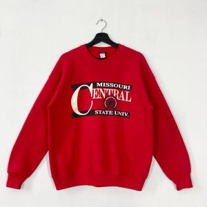 Vintage 90s University Central Missouri Sweatshirt Crewneck Pullover Central Missouri Mules Print Logo Red Large