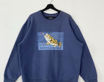 Vintage Outdoor Outfitters Sweatshirt Fish Crewneck Largemouth Fish Sweater Pullover Lake And Timber Embroidered Logo Blue Large