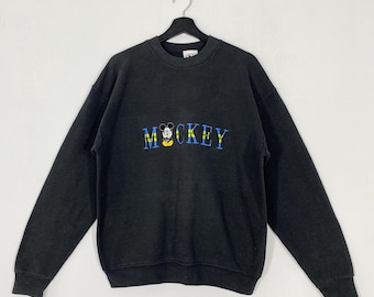 Sudadera vintage de Mickey Mouse de los años 90 con cuello redondo, logo bordado de Minnie Mouse, Pluto, Donald y Goofy, color negro, talla mediana