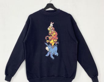 Vintage 90s Winnie The Pooh Sweatshirt Crewneck Pullover Eeyore Piglet Tigger Rabbit Kanga Print Logo Black Medium