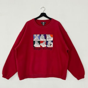 Sudadera vintage de los años 90 con los Looney Tunes, cuello redondo, Bugs Bunny, Porky Pig, diablo de Tasmania, pato Lucas, Bugs Bunny, logotipo bordado, rojo, XXL