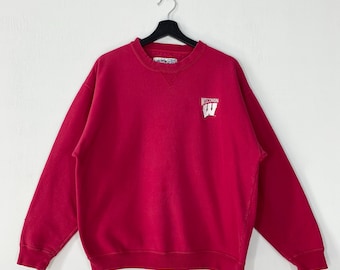 Vintage 90s University Wisconsin Sweatshirt Crewneck Pullover Badgers Football Embroidered Logo Red Medium