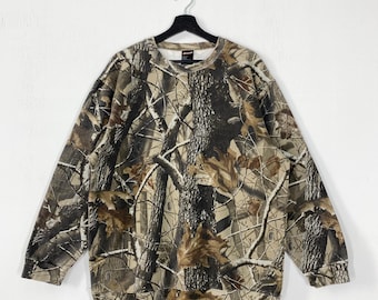 Vintage Real Tree Sweatshirt Crewneck Camouflage Sweater Pullover Hunting Outdoor Camo Print Logo Green Large