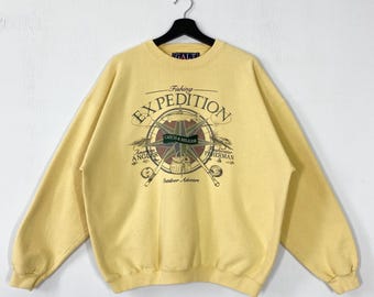 Vintage 90s Outdoor Outfitters Sweatshirt Crewneck Largemouth Fish Sweater Pullover Lake And Timber Fish Print Logo Yellow Large