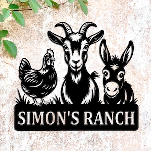 Letrero metálico personalizado con animales de granja, letrero personalizado con el nombre del rancho, arte de pared con cabras, gallinas y burros, decoración de estilo rústico.