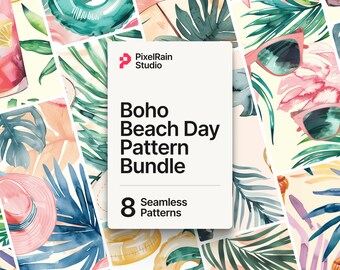 Boho Beach Day Pattern Bundle – Seamless Digital Summer Prints, Bohemian Print Background, Printable Pastel Watercolour Tiled Papers