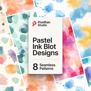 May include: A collection of eight seamless pastel ink blot patterns. The patterns feature various shades of pink, blue, green, yellow, and orange. The patterns are perfect for adding a touch of whimsy and color to any design project.