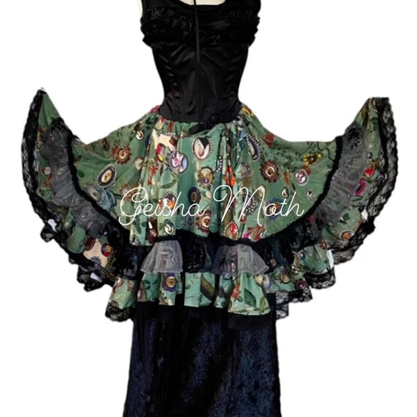 YOGIRTWO YOG004 GREEN FACES Geisha Moth skirt free size ruffles unique saloon fantasy cosplay victorian plus steampunk costume overskirt