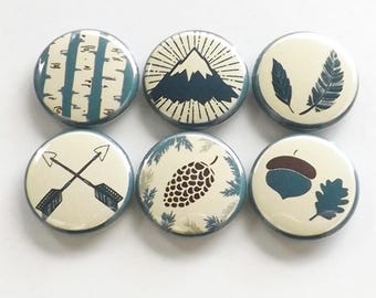 Outdoors Fridge Magnets rustic travel decor gift mountain arrows pinecone feather acorn tree nature adventure party favors button pins