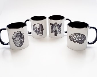 Human Anatomy Mugs Cup gift set black white anatomical heart medical home decor gothic skull coffee tea kitchen macabre halloween spooky