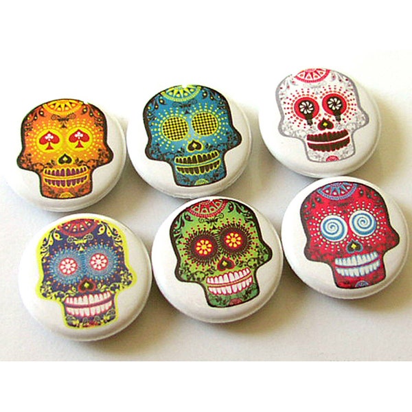 Fridge Magnets funky sugar skulls Dia De Los Muertos day of the dead skeleton calavera holiday party favor pastel goth button pins hostess