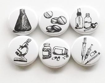 Pharmacist Gift magnets graduation pills vials microscope beaker syringe pharmacy science party favor stocking stuffer medical button pin
