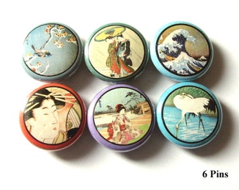 Asian Theme buttons pins retro Geisha Crane Wave Japanese woodblock flair party favors stocking stuffers magnets gifts