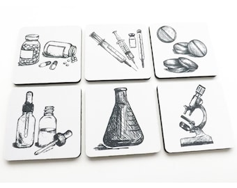 Pharmacist Drink Coasters Gift Set beaker microscope vials pills syringe medication pharmacy science biology prescription graduation male
