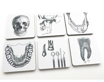 Dentist Dental Hygienist Drink Coasters gift set teeth jaw orthodontist graduation party favors stocking stuffers male masculine black white