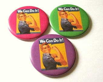 Set of 3 Hand or Pocket MIRRORS we can do it Rosie the Riveter party favor fashion accessory shower gifts stocking stuffers girl power flair