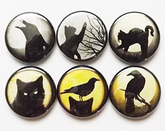 Fridge Magnets Black Cats Ravens crows halloween geekery party favors stocking stuffers trick or treat birds goth moon gifts silhouette pins