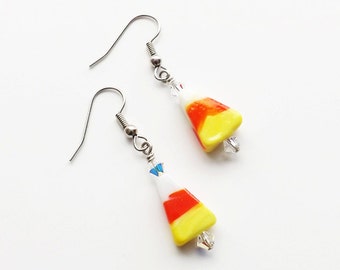 Candy Corn Earrings accent beads glass beaded novelty earrings halloween dangle retro cute simple stocking stuffers party favors gifts