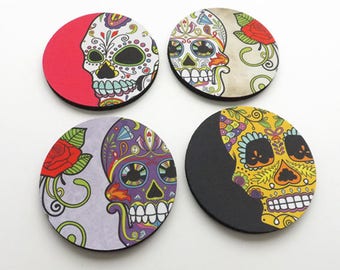 Dia de los Muertos Drink Coasters set of 4 halloween home decor sugar skulls skeleton gift
