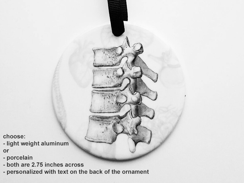 May include: A black and white anatomical illustration of a human spine on a round, white ornament. The ornament is 2.75 inches across and is available in light weight aluminum or porcelain.