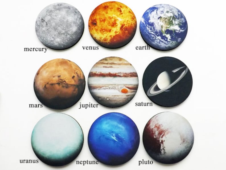 Pu&ograve; includere: Un set di nove pianeti rotondi, colorati, in feltro, con i loro nomi stampati sotto ciascuno. I pianeti sono Mercurio, Venere, Terra, Marte, Giove, Saturno, Urano, Nettuno e Plutone.